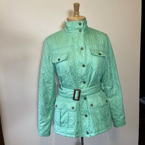 J. McLaughlin Women's Green Coat Size S Belted Puffy Lined Pockets Zip Snaps